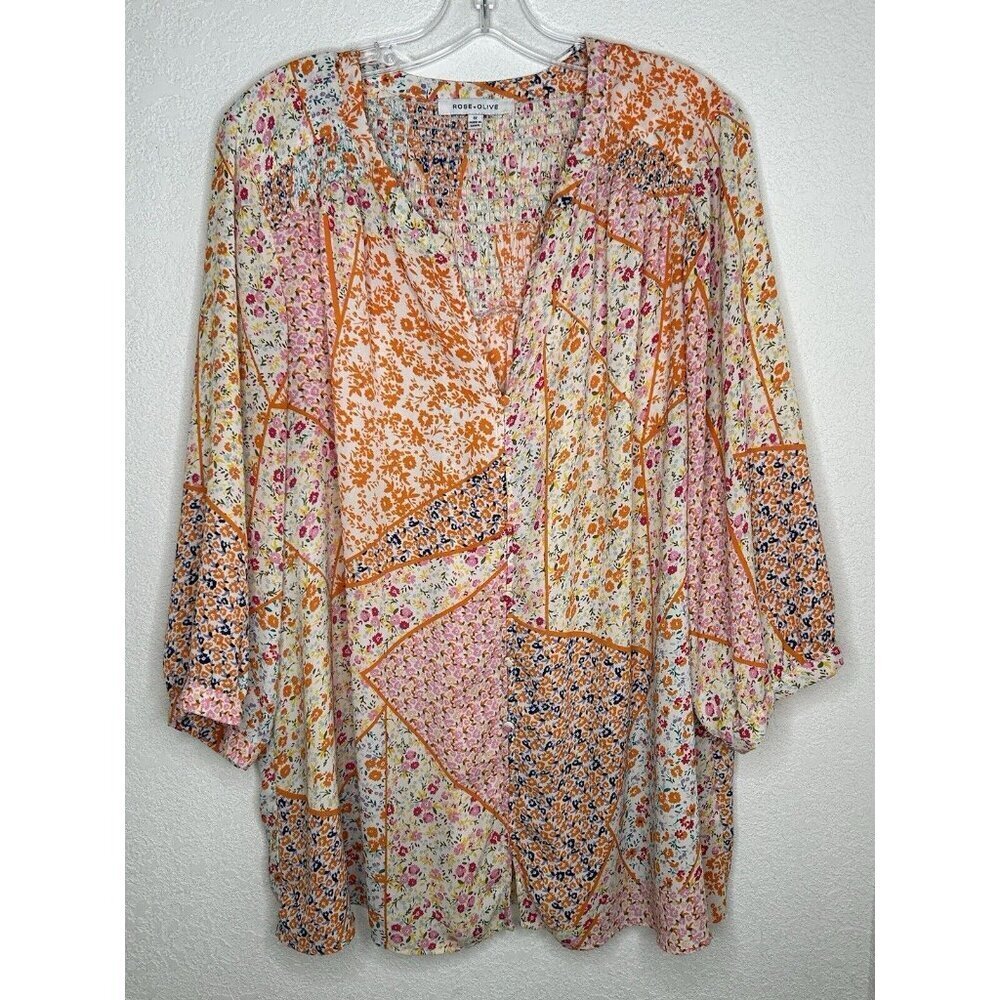 Rose+Olive Top 1X Patchwork Print Orange Pink Floral Boho Smocking Drape Light